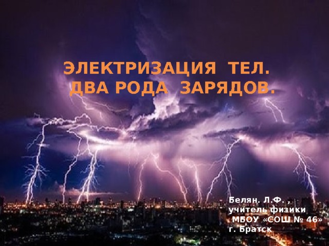ЭЛЕКТРИЗАЦИЯ ТЕЛ.  ДВА РОДА ЗАРЯДОВ. Белян. Л.Ф. , учитель физики  МБОУ «СОШ № 46» г. Братск 