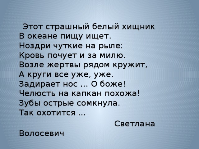  Этот страшный белый хищник  В океане пищу ищет.  Ноздри чуткие на рыле:  Кровь почует и за милю.  Возле жертвы рядом кружит,  А круги все уже, уже.  Задирает нос … О боже!  Челюсть на капкан похожа!  Зубы острые сомкнула.  Так охотится …  Светлана Волосевич 