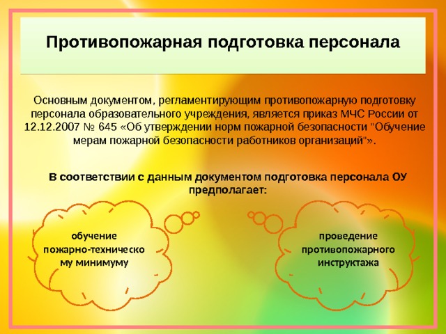 Противопожарная подготовка персонала Основным документом, регламентирующим противопожарную подготовку персонала образовательного учреждения, является приказ МЧС России от 12.12.2007 № 645 «Об утверждении норм пожарной безопасности 