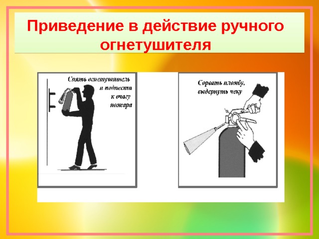 Приведение в действие ручного  огнетушителя 