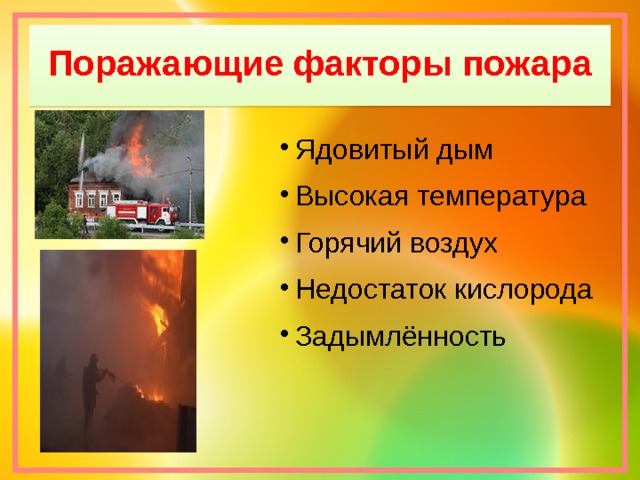 Поражающие факторы пожара Ядовитый дым Высокая температура Горячий воздух Недостаток кислорода Задымлённость 