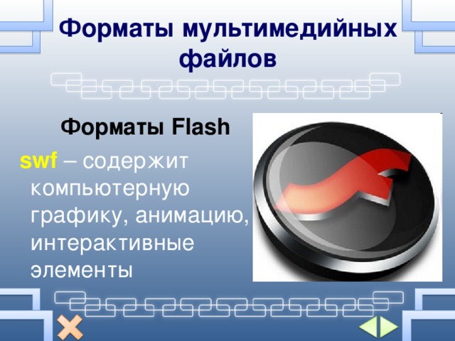 Форматы мультимедийных файлов Форматы Flash   swf  – содержит компьютерную графику, анимацию, интерактивные элементы 