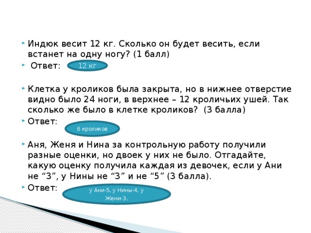 Индюк весит 12 кг. Сколько он будет весить, если встанет на одну ногу? (1 балл)  Ответ: Клетка у кроликов была закрыта, но в нижнее отверстие видно было 24 ноги, в верхнее – 12 кроличьих ушей. Так сколько же было в клетке кроликов?  (3 балла) Ответ: Аня, Женя и Нина за контрольную работу получили разные оценки, но двоек у них не было. Отгадайте, какую оценку получила каждая из девочек, если у Ани не “3”, у Нины не “3” и не “5” (3 балла). Ответ:  12 кг 6 кроликов у Ани-5, у Нины-4, у Жени-3 . 