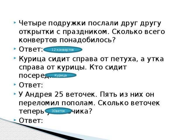 Четыре подружки послали друг другу открытки с праздником. Сколько всего конвертов понадобилось? Ответ: Курица сидит справа от петуха, а утка справа от курицы. Кто сидит посередине? Ответ: У Андрея 25 веточек. Пять из них он переломил пополам. Сколько веточек теперь у мальчика? Ответ: 12 конвертов Курица 30веток 
