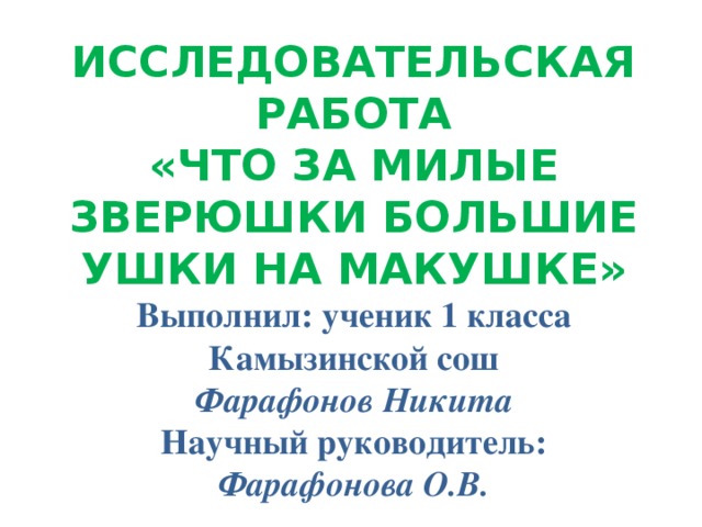 ИССЛЕДОВАТЕЛЬСКАЯ РАБОТА «ЧТО ЗА МИЛЫЕ ЗВЕРЮШКИ БОЛЬШИЕ УШКИ НА МАКУШКЕ» Выполнил: ученик 1 класса Камызинской сош Фарафонов Никита Научный руководитель: Фарафонова О.В. 