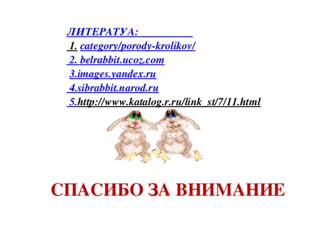 ЛИТЕРАТУА: 1.  category/ porody-krolikov / 2. belrabbit.ucoz.com  3. images.yandex.ru 4. sibrabbit.narod.ru 5. http://www.katalog.r.ru/link_st/7/11.html  СПАСИБО ЗА ВНИМАНИЕ 