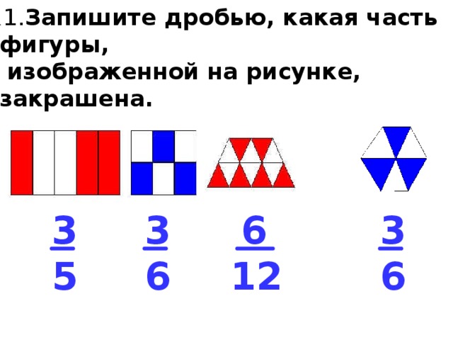 . 1. Запишите дробью, какая часть фигуры,  изображенной на рисунке, закрашена.  3 3 3 6 6 12 5 6 