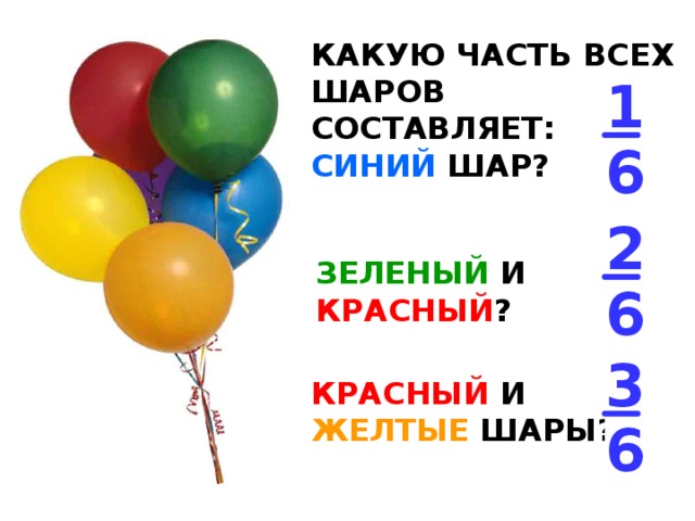 КАКУЮ ЧАСТЬ ВСЕХ ШАРОВ СОСТАВЛЯЕТ: СИНИЙ ШАР? 1 6 2 ЗЕЛЕНЫЙ И КРАСНЫЙ ? 6 3 КРАСНЫЙ И ЖЕЛТЫЕ ШАРЫ? 6 