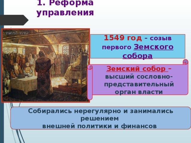 1. Реформа управления 1549 год – созыв первого Земского собора Земский собор – высший сословно-представительный орган власти Собирались нерегулярно и занимались решением внешней политики и финансов 