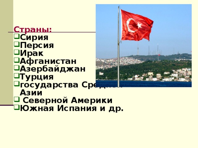 Страны: Сирия Персия Ирак Афганистан Азербайджан Турция государства Средней Азии  Северной Америки Южная Испания и др.  