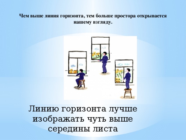 Чем выше линия горизонта, тем больше простора открывается нашему взгляду.   Линию горизонта лучше изображать чуть выше середины листа 