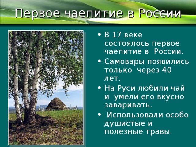 Первое чаепитие в России В 17 веке состоялось первое чаепитие в России. Самовары появились только через 40 лет. На Руси любили чай и умели его вкусно заваривать.  Использовали особо душистые и полезные травы. 