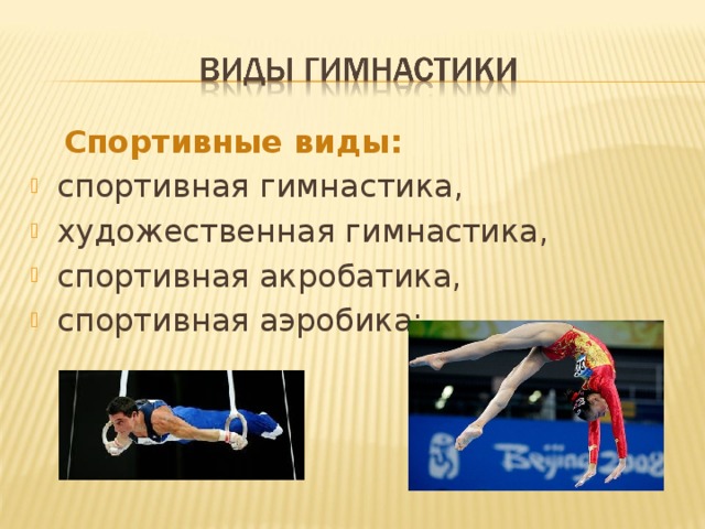  Спортивные виды: спортивная гимнастика, художественная гимнастика, спортивная акробатика, спортивная аэробика;  
