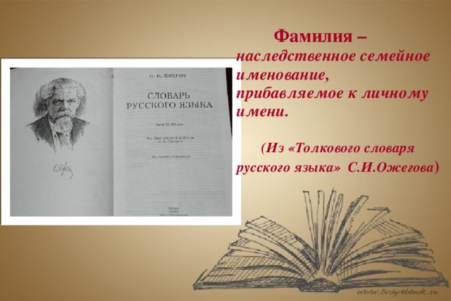 Фамилия – наследственное семейное именование, прибавляемое к личному имени.  (Из «Толкового словаря русского языка» С.И.Ожегова ) ФАМИЛИЯ –   наследственное семейное именование, прибавляемое  к личному имени.   «Толковый словарь русского языка»  С.И.Ожегов, Н.Ю. Шведова ФАМИЛИЯ –   наследственное семейное именование, прибавляемое  к личному имени.   «Толковый словарь русского языка»  С.И.Ожегов, Н.Ю. Шведова