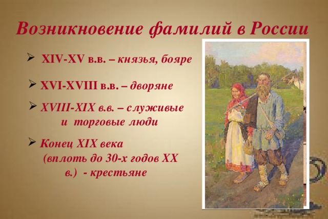Возникновение фамилий в России  ХIV-ХV в.в. – князья, бояре  ХVI-ХVIII в.в. – дворяне  ХVIII-ХIХ в.в. – служивые и торговые люди  Конец ХIХ века  (вплоть до 30-х годов ХХ в.) - крестьяне