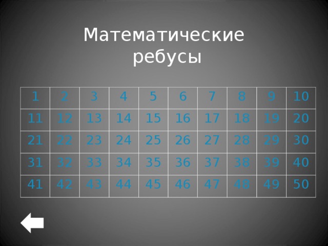 Математические  ребусы 1 11 2 12 3 21 4 22 31 13 14 32 41 23 5 42 15 33 6 24 16 34 43 7 25 44 35 26 17 8 18 36 9 27 45 28 19 37 46 10 38 20 29 47 30 39 48 40 49 50 