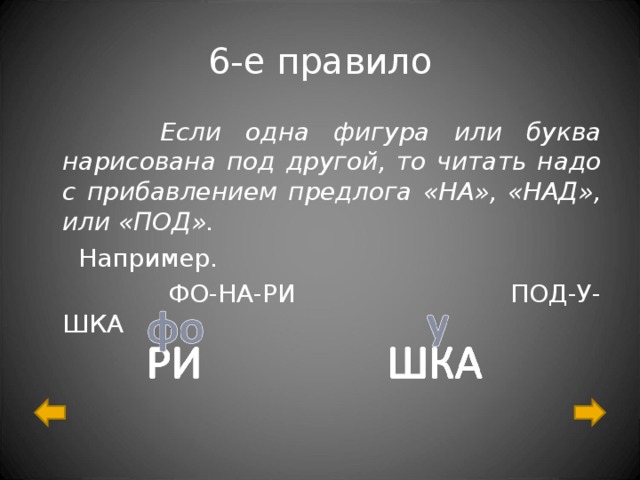 6-е правило  Если одна фигура или буква нарисована под другой, то читать надо с прибавлением предлога «НА», «НАД», или «ПОД».  Например.  ФО-НА-РИ ПОД-У-ШКА 