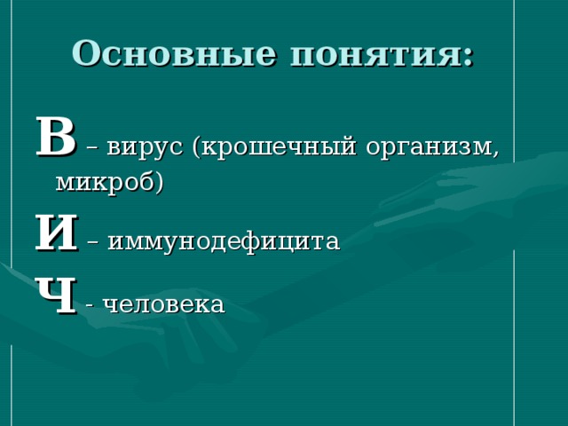 Основные понятия: В – вирус (крошечный организм, микроб) И – иммунодефицита Ч - человека 