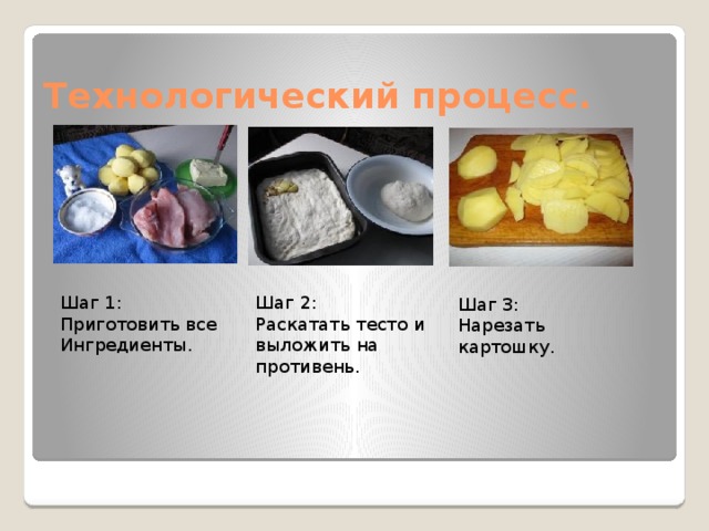 Технологический процесс. Шаг 1: Шаг 2: Приготовить все Раскатать тесто и Ингредиенты. выложить на противень. Шаг 3: Нарезать картошку. 