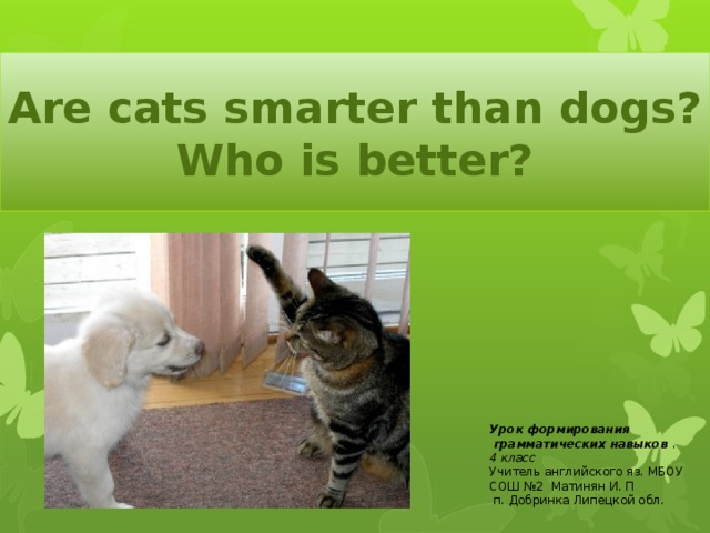 Are cats smarter than dogs?  Who is better? Урок формирования  грамматических навыков . 4 класс Учитель английского яз. МБОУ СОШ №2 Матинян И. П  п. Добринка Липецкой обл. 