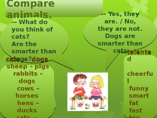 Compare animals. -- Yes, they are. / No, they are not. Dogs are smarter than cats -- What do you think of cats? Are the smarter than dogs?  talented  cheerful  funny  smart  fat  fast  big  fluffy cats -- dogs  sheep – pigs  rabbits – dogs  cows – horses  hens – ducks cats -- hamsters 