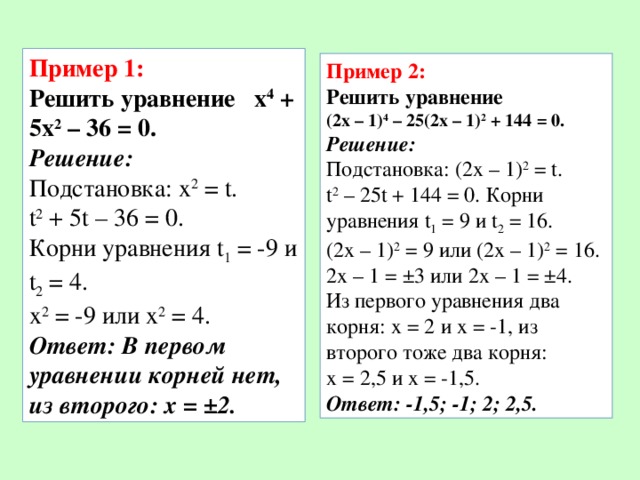 Пример 1: Решить уравнение х 4  + 5х 2  – 36 = 0. Решение: Подстановка: х 2  = t. t 2  + 5t – 36 = 0. Корни уравнения t 1  = -9 и t 2  = 4. х 2  = -9 или х 2  = 4. Ответ: В первом уравнении корней нет, из второго: х = ±2. Пример 2: Решить уравнение (2х – 1) 4  – 25(2х – 1) 2  + 144 = 0. Решение: Подстановка: (2х – 1) 2  = t. t 2  – 25t + 144 = 0. Корни уравнения t 1  = 9 и t 2  = 16. (2х – 1) 2  = 9 или (2х – 1) 2  = 16. 2х – 1 = ±3 или 2х – 1 = ±4. Из первого уравнения два корня: х = 2 и х = -1, из второго тоже два корня: х = 2,5 и х = -1,5. Ответ: -1,5; -1; 2; 2,5.