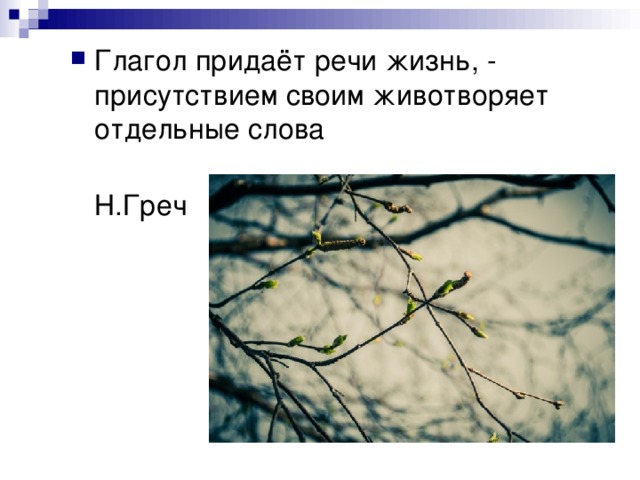Глагол придаёт речи жизнь, - присутствием своим животворяет отдельные слова  Н.Греч 