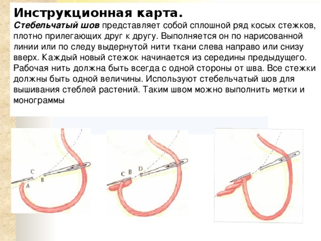 Инструкционная карта. Стебельчатый шов представляет собой сплошной ряд косых стежков, плотно прилегающих друг к другу. Выполняется он по нарисованной линии или по следу выдернутой нити ткани слева направо или снизу вверх. Каждый новый стежок начинается из середины предыдущего. Рабочая нить должна быть всегда с одной стороны от шва. Все стежки должны быть одной величины. Используют стебельчатый шов для вышивания стеблей растений. Таким швом можно выполнить метки и монограммы 
