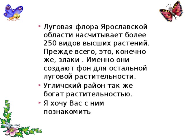 Луговая флора Ярославской области насчитывает более 250 видов высших растений. Прежде всего, это, конечно же, злаки . Именно они создают фон для остальной луговой растительности. Угличский район так же богат растительностью. Я хочу Вас с ним познакомить 