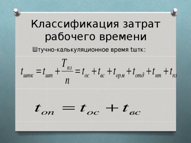 Классификация затрат рабочего времени Штучно-калькуляционное время t штк: 