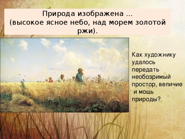 Природа изображена …  (высокое ясное небо, над морем золотой ржи). Как художнику удалось передать необозримый простор, величие и мощь природы? 
