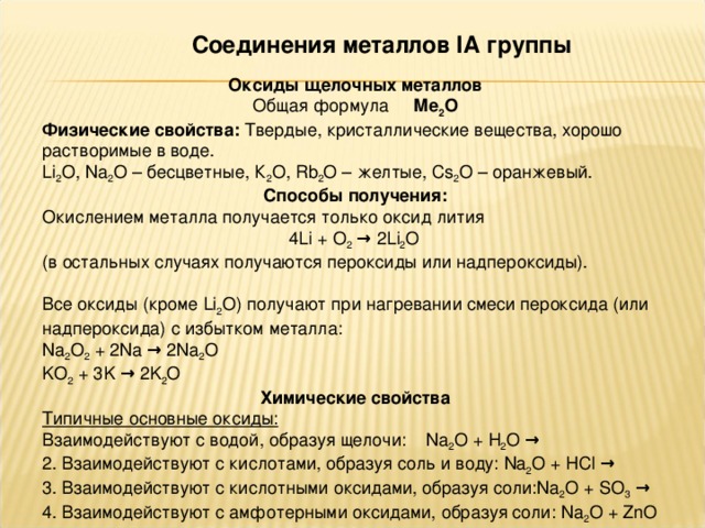 Соединения металлов I А группы  Оксиды щелочных металлов Общая формула Ме 2 О Физические свойства: Твердые, кристаллические вещества, хорошо растворимые в воде. Li 2 O , Na 2 O – бесцветные, К 2 О, Rb 2 O – желтые, Cs 2 О – оранжевый. Способы получения: Окислением металла получается только оксид лития  4 Li + O 2 → 2 Li 2 O (в остальных случаях получаются пероксиды или надпероксиды). Все оксиды (кроме Li 2 O ) получают при нагревании смеси пероксида (или надпероксида) с избытком металла: Na 2 O 2 + 2Na → 2Na 2 O KO 2 + 3K → 2K 2 O Химические свойства Типичные основные оксиды: Взаимодействуют с водой, образуя щелочи: Na 2 О + H 2 O → 2. Взаимодействуют с кислотами, образуя соль и воду: Na 2 О + Н Cl → 3. Взаимодействуют с кислотными оксидами, образуя соли: Na 2 О + SO 3 → 4. Взаимодействуют с амфотерными оксидами, образуя соли: Na 2 О + ZnO → Na 2  ZnO 2  