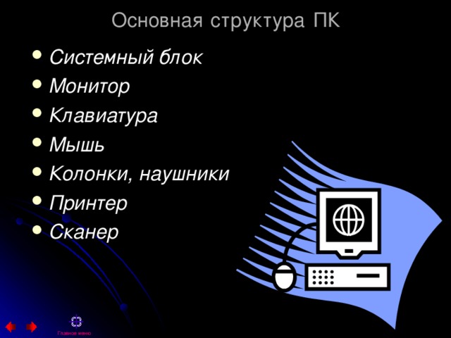 Основная структура ПК Системный блок Монитор Клавиатура Мышь Колонки, наушники Принтер Сканер    Главное меню 