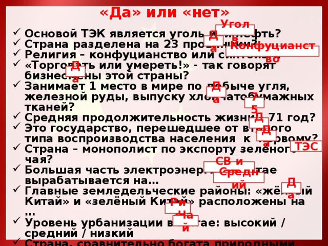 «Да» или «нет» Уголь Основой ТЭК является уголь или нефть? Страна разделена на 23 провинции? Религия – конфуцианство или синтоизм? «Торговать или умереть!» - так говорят бизнесмены этой страны? Занимает 1 место в мире по добыче угля, железной руды, выпуску хлопчатобумажных тканей? Средняя продолжительность жизни – 71 год? Это государство, перешедшее от второго типа воспроизводства населения  к  первому? Страна – монополист по экспорту зелёного чая? Большая часть электроэнергии в Китае вырабатывается на… Главные земледельческие районы: «жёлтый Китай» и «зелёный Китай» расположены на … Уровень урбанизации в Китае: высокий / средний / низкий Страна, сравнительно богата природными ресурсами… Основная зерновая культура, выращиваемая в Китае: гаолян / кукуруза / пшеница / рис … Китай - родина: чая или кофе?  Да Конфуцианство Да Да 75 Да Да ТЭС СВ и ЮВ Средний Да Рис Чай 