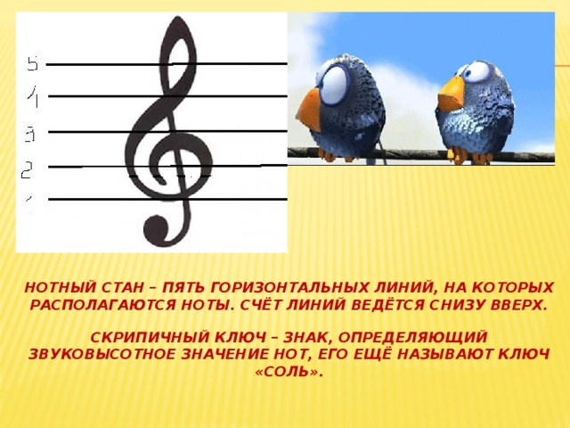 Нотный стан – пять горизонтальных линий, на которых располагаются ноты. Счёт линий ведётся снизу вверх.   Скрипичный ключ – знак, определяющий звуковысотное значение нот, его ещё называют ключ «соль». 