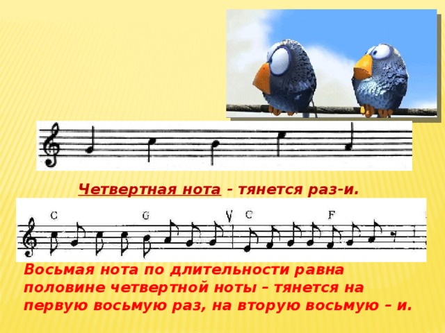 Четвертная нота  - тянется раз-и. Восьмая нота по длительности равна половине четвертной ноты – тянется на первую восьмую раз, на вторую восьмую – и. 