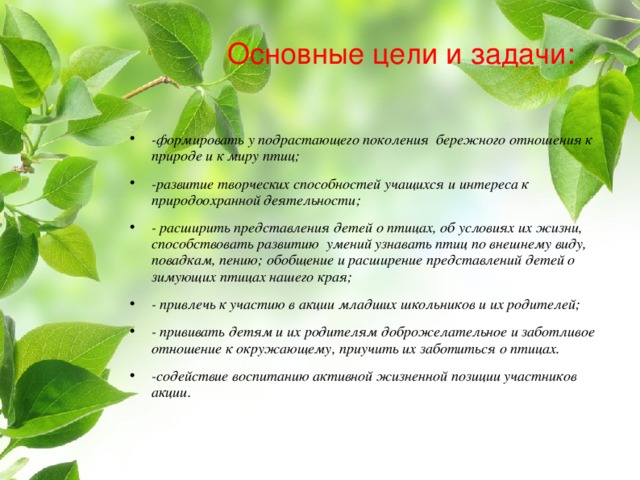  Основные цели и задачи:     -формировать у подрастающего поколения бережного отношения к природе и к миру птиц;  -развитие творческих способностей учащихся и интереса к природоохранной деятельности; - расширить представления детей о птицах, об условиях их жизни, c пособствовать развитию умений узнавать птиц по внешнему виду, повадкам, пению; обобщение и расширение представлений детей о зимующих птицах нашего края; - привлечь к участию в акции младших школьников и их родителей; - прививать детям и их родителям доброжелательное и заботливое отношение к окружающему, приучить их заботиться о птицах. -содействие воспитанию активной жизненной позиции участников акции.   