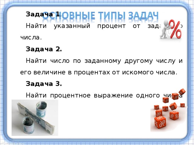 Задача 1 .  Найти указанный процент от заданного числа. Задача 2.  Найти число по заданному другому числу и его величине в процентах от искомого числа. Задача 3.  Найти процентное выражение одного числа от другого. Существует три основных типа задач на проценты. В своей работе я привожу примеры на каждый тип задач.  