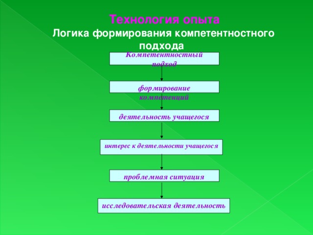 Технология опыта Логика формирования компетентностного подхода Компетентностный подход формирование компетенций деятельность учащегося интерес к деятельности учащегося проблемная ситуация исследовательская деятельность 