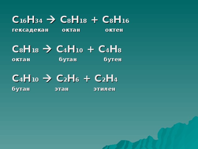С 16 Н 34   C 8 H 18 + C 8 H 16 гексадекан октан октен  C 8 H 18   C 4 H 10 + C 4 H 8 октан бутан бутен  C 4 H 10   C 2 H 6 + C 2 H 4 бутан этан этилен  