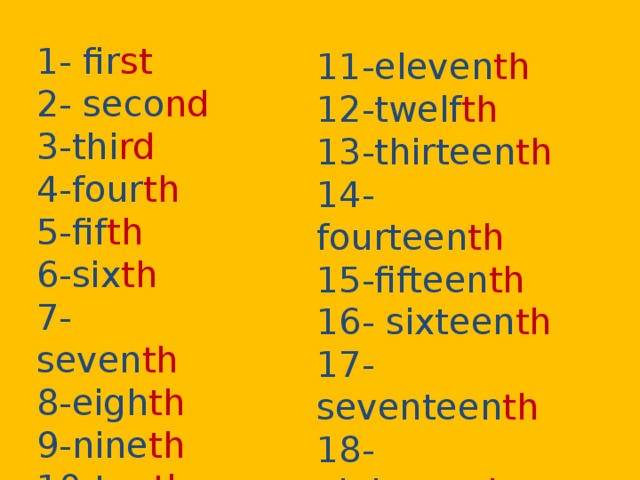 1- fir st 2- seco nd 3-thi rd 4-four th 5-fif th 6-six th 7-seven th 8-eigh th 9-nine th 10-ten th 11-eleven th 12-twelf th 13-thirteen th 14-fourteen th 15-fifteen th 16- sixteen th 17-seventeen th 18-eighteen th 19-nineteen th 20-twent ies 