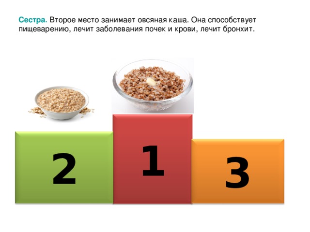 Сестра.  Второе место занимает  овсяная каша.  Она способствует пищеварению, лечит заболевания почек и крови, лечит бронхит. 1 2 3 