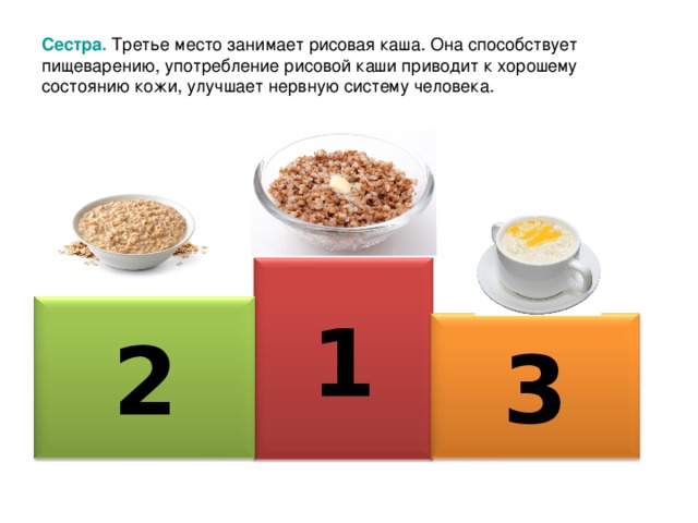 Сестра.  Третье место занимает рисовая каша. Она способствует пищеварению, употребление рисовой каши приводит к хорошему состоянию кожи, улучшает нервную систему человека. 1 2 3 