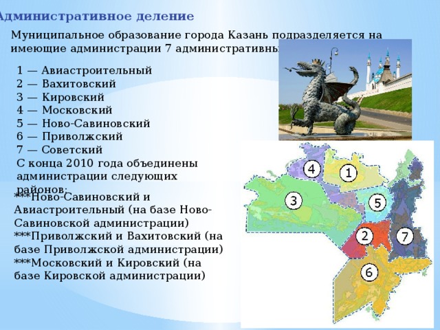 Административное деление Муниципальное образование города Казань подразделяется на имеющие администрации 7 административных районов: 1 — Авиастроительный 2 — Вахитовский 3 — Кировский 4 — Московский 5 — Ново-Савиновский 6 — Приволжский 7 — Советский С конца 2010 года объединены администрации следующих районов: ***Ново-Савиновский и Авиастроительный (на базе Ново-Савиновской администрации) ***Приволжский и Вахитовский (на базе Приволжской администрации) ***Московский и Кировский (на базе Кировской администрации) 