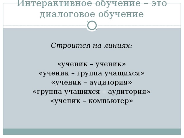 Интерактивное обучение – это диалоговое обучение  Строится на линиях: «ученик – ученик» «ученик – группа учащихся» «ученик – аудитория» «группа учащихся – аудитория» «ученик – компьютер» 