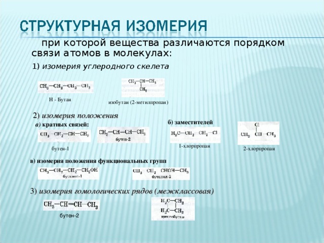 при которой вещества различаются порядком связи атомов в молекулах:  1) изомерия углеродного скелета Н - Бутан изобутан (2-метилпропан) 2) изомерия  положения  б) заместителей а) кратных связей: 1-хлорпропан бутен-1  2-хлорпропан в) изомерия положения  функциональных  групп 3) изомерия гомологических рядов (межклассовая)  бутен-2 