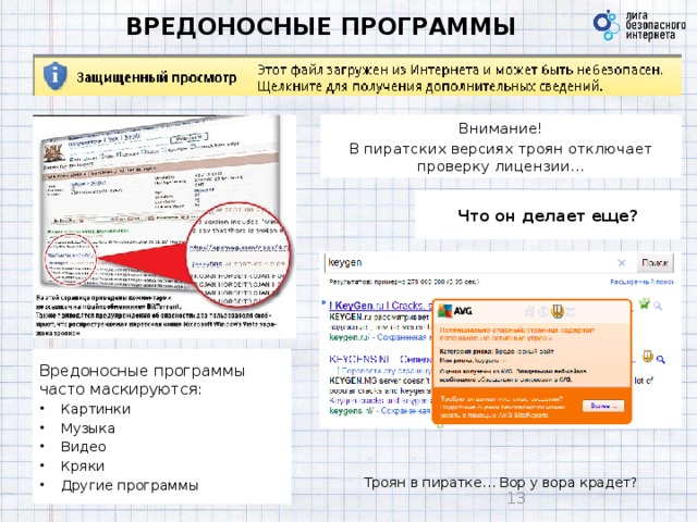 ВРЕДОНОСНЫЕ ПРОГРАММЫ Внимание! В пиратских версиях троян отключает проверку лицензии… Что он делает еще? Вредоносные программы часто маскируются: Картинки Музыка Видео Кряки Другие программы Троян в пиратке… Вор у вора крадет? 9 9 