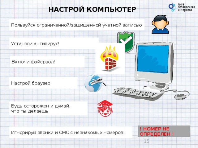 НАСТРОЙ КОМПЬЮТЕР Пользуйся ограниченной/защищенной учетной записью Установи антивирус! Включи файервол! Настрой браузер Будь осторожен и думай,  что ты делаешь ! НОМЕР НЕ ОПРЕДЕЛЕН ! Игнорируй звонки и СМС с незнакомых номеров! 9 9 