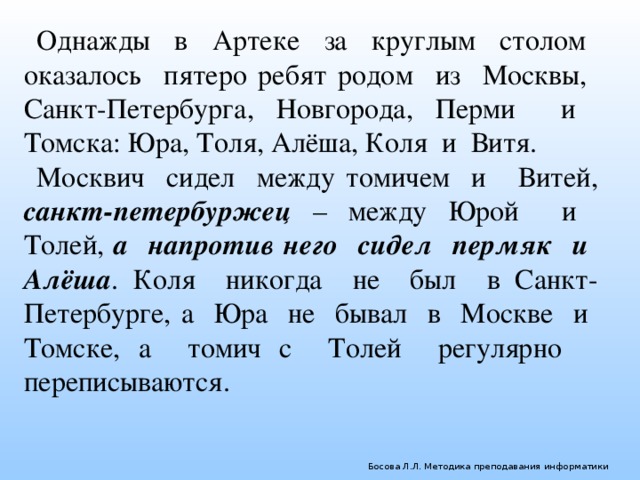 Однажды в Артеке за круглым столом оказалось пятеро ребят родом из Москвы, Санкт-Петербурга, Новгорода, Перми и Томска: Юра, Толя, Алёша, Коля и Витя. Москвич сидел между томичем и Витей, санкт-петербуржец – между Юрой и Толей, а напротив него сидел пермяк и Алёша . Коля никогда не был в Санкт-Петербурге, а Юра не бывал в Москве и Томске, а томич с Толей регулярно переписываются. Босова Л.Л. Методика преподавания информатики 