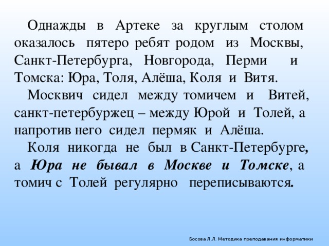 Однажды в Артеке за круглым столом оказалось пятеро ребят родом из Москвы, Санкт-Петербурга, Новгорода, Перми и Томска: Юра, Толя, Алёша, Коля и Витя. Москвич сидел между томичем и Витей, санкт-петербуржец – между Юрой и Толей, а напротив него сидел пермяк и Алёша. Коля никогда не был в Санкт-Петербурге , а Юра не бывал в Москве и Томске , а томич с Толей регулярно переписываются .  Босова Л.Л. Методика преподавания информатики 